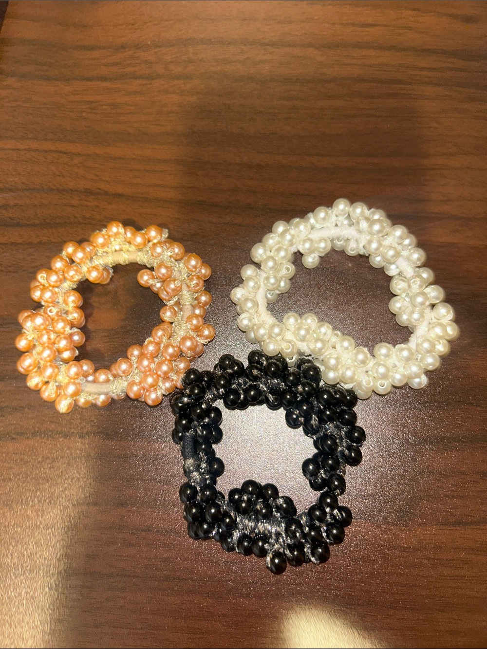 Triple Pearl Cluster Stretch Bracelet Set - Peach, White & Black